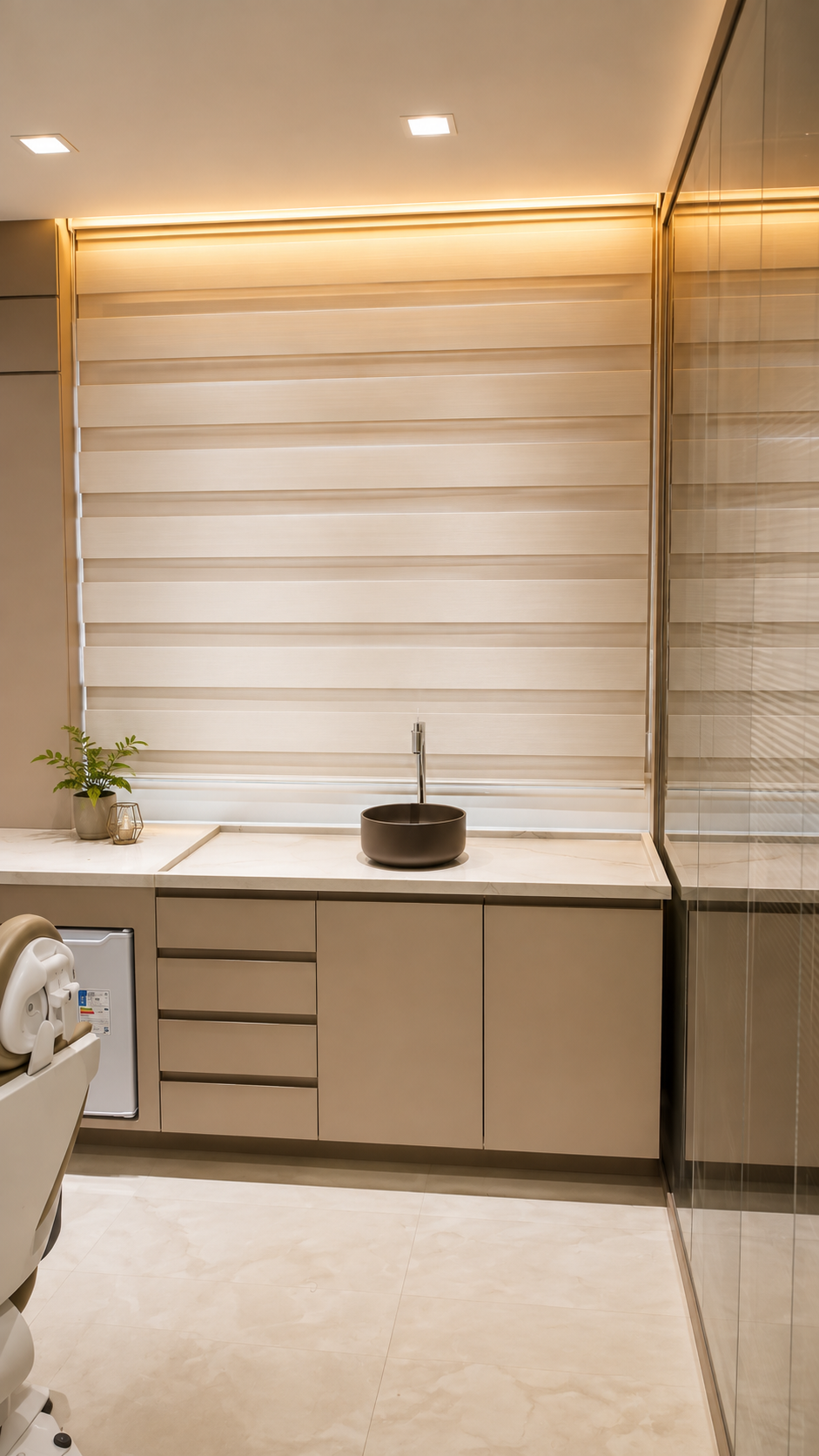 Persiana rollo tela solar em clínica de estética com iluminação ambiente