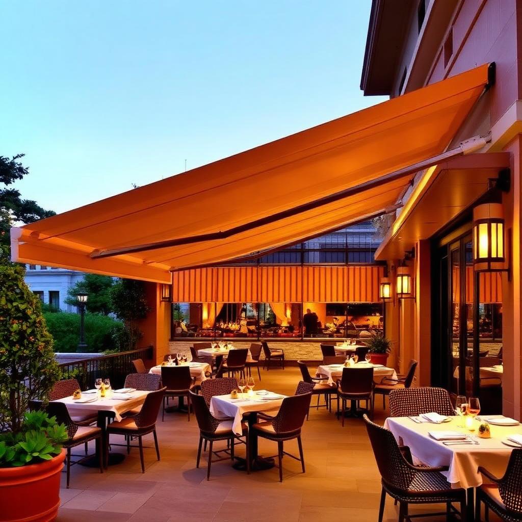 Toldo retrátil com tela solar vertical em terraço de restaurante